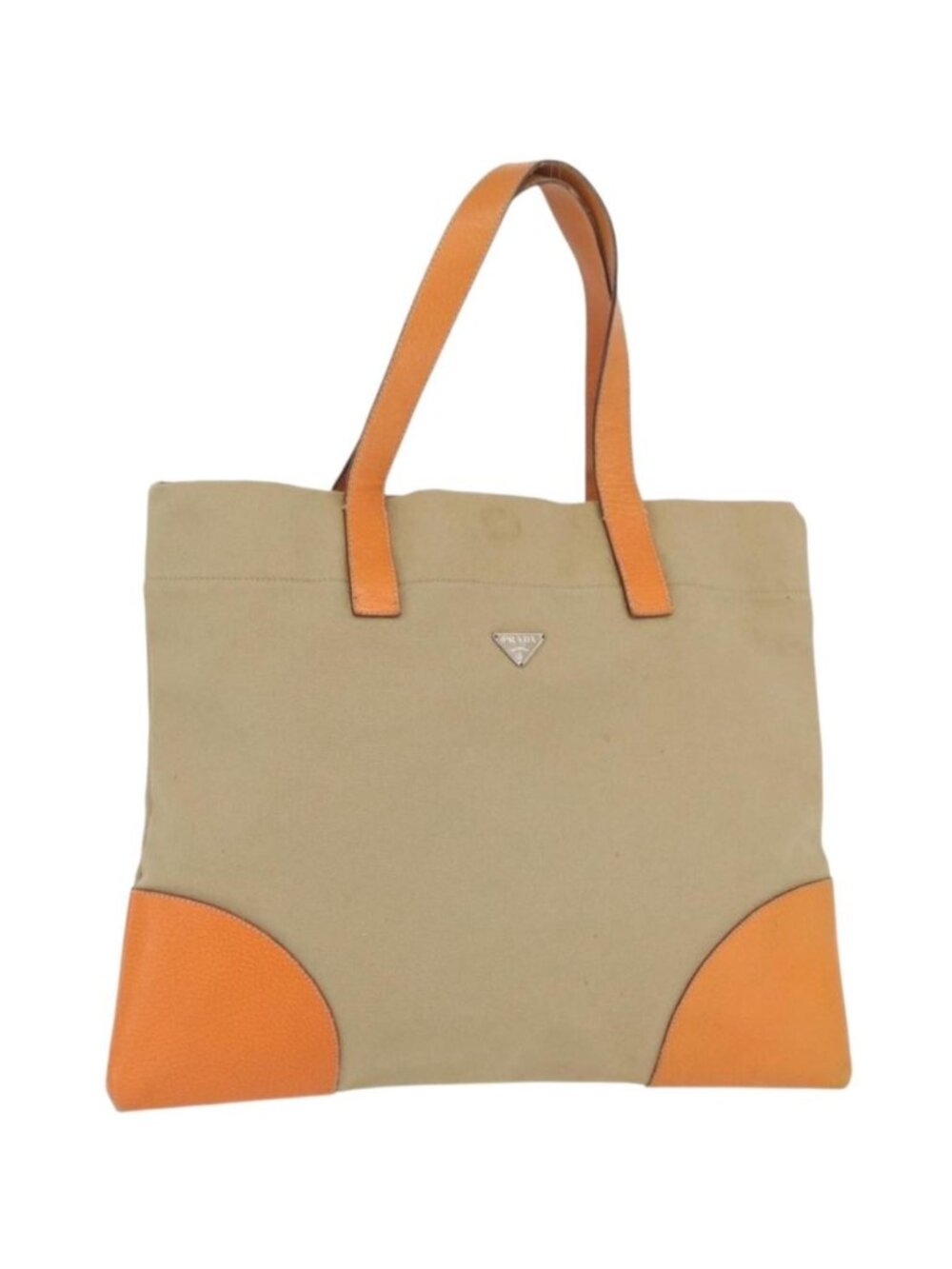 PRADA Tote Bag Canvas Leather Beige Orange Silver